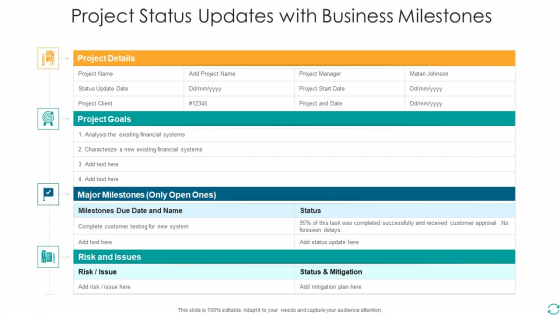 Project Status Updates With Business Milestones Icons PDF