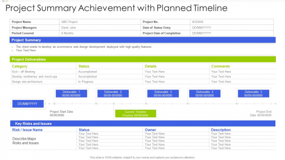 Project Summary Achievement With Planned Timeline Graphics PDF Project Summary Achievement With Planned Timeline Graphics PDF
