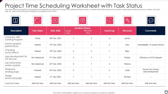Project Time Scheduling Worksheet With Task Status Inspiration PDF