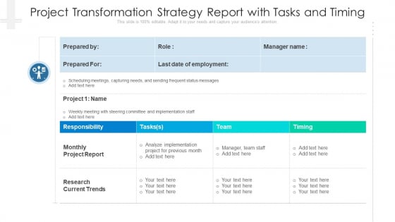 Project Transformation Strategy Report With Tasks And Timing Ppt PowerPoint Presentation Infographics Background Designs PDF Project Transformation Strategy Report With Tasks And Timing Ppt PowerPoint Presentation Infographics Background Designs PDF
