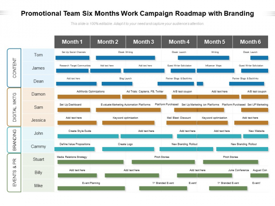 Promotional Team Six Months Work Campaign Roadmap With Branding Slides