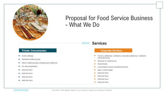 Proposal For Food Service Business What We Do Ppt Show Layout Ideas PDF Proposal For Food Service Business What We Do Ppt Show Layout Ideas PDF