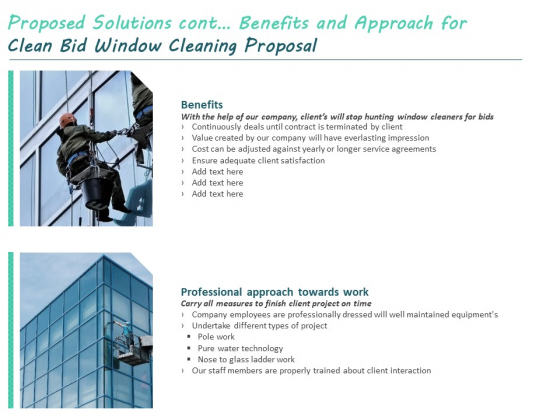 Proposed Solutions Cont Benefits And Approach For Clean Bid Window Cleaning Proposal Ppt Ideas Graphic Images