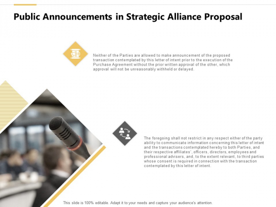 Public Announcements In Strategic Alliance Proposal Ppt PowerPoint Presentation Show Designs Download Public Announcements In Strategic Alliance Proposal Ppt PowerPoint Presentation Show Designs Download