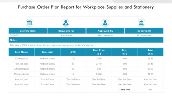 Purchase Order Plan Report For Workplace Supplies And Stationery Ppt PowerPoint Presentation Portfolio Introduction PDF