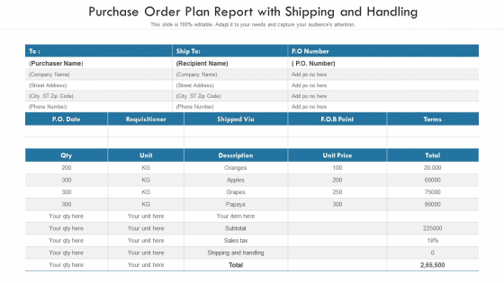 Purchase Order Plan Report With Shipping And Handling Ppt PowerPoint Presentation Slides Display PDF