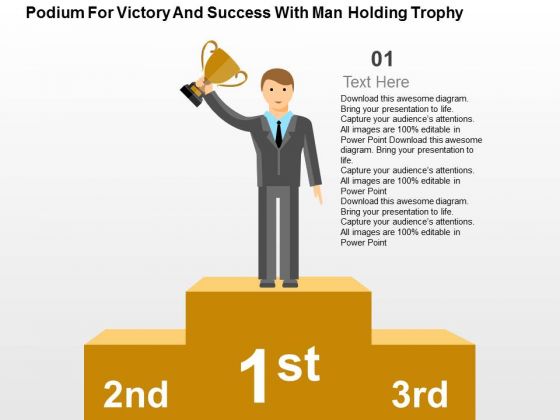 Podium For Victory And Success With Man Holding Trophy PowerPoint Template Podium For Victory And Success With Man Holding Trophy PowerPoint Template