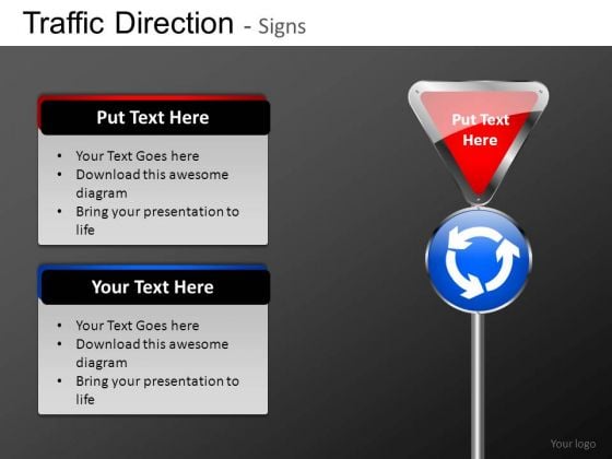 Ppt Slides Round About Ahead Business Road Signs PowerPoint Templates