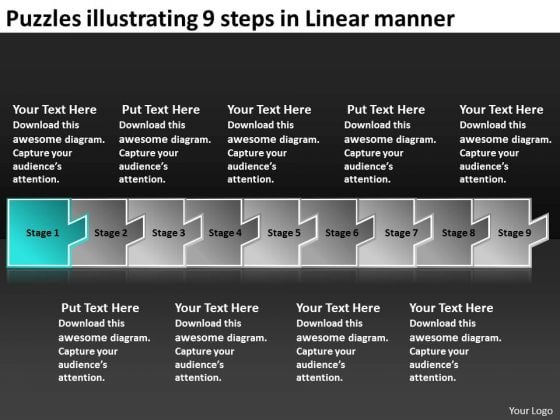 Puzzles Illustrating 9 Steps Linear Manner Creating Flow Charts PowerPoint Slides