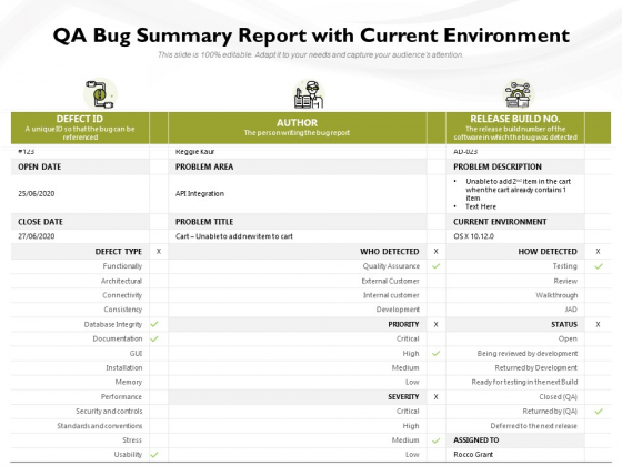 QA Bug Summary Report With Current Environment Ppt PowerPoint Presentation File Structure PDF