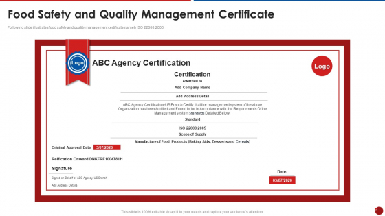 Quality Assurance Templates Set 2 Food Safety And Quality Management Certificate Pictures PDF