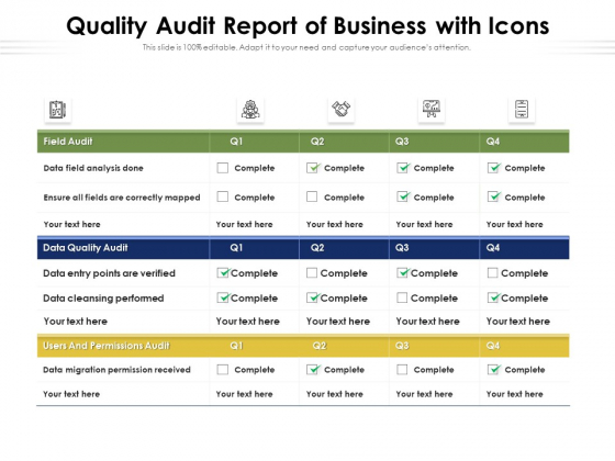 Quality Audit Report Of Business With Icons Ppt PowerPoint Presentation Layouts Inspiration PDF Quality Audit Report Of Business With Icons Ppt PowerPoint Presentation Layouts Inspiration PDF