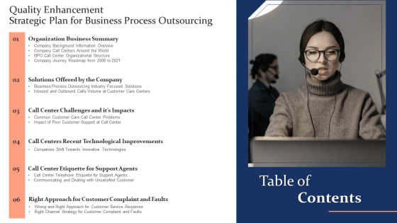 Quality Enhancement Strategic Plan For Business Process Outsourcing Table Of Contents Information PDF