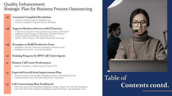 Quality Enhancement Strategic Plan For Business Process Outsourcing Table Of Contents Information PDF impressive idea