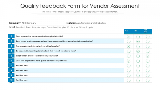 Quality Feedback Form For Vendor Assessment Ppt PowerPoint Presentation Slides Graphics Download PDF