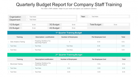 Quarterly Budget Report For Company Staff Training Ppt Icon Slide PDF