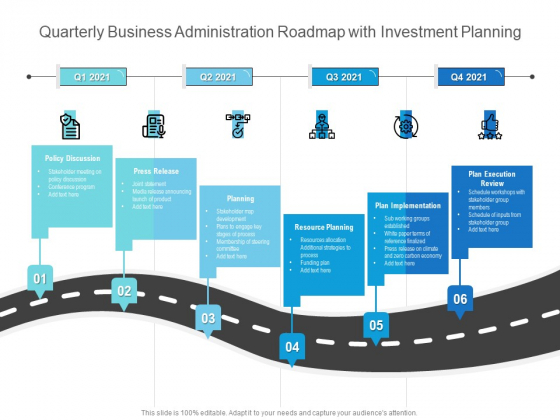 Quarterly Business Administration Roadmap With Investment Planning Diagrams