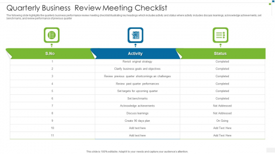 Quarterly Business Review Meeting Checklist Information PDF