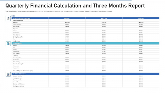 Quarterly Financial Calculation And Three Months Report Portrait PDF