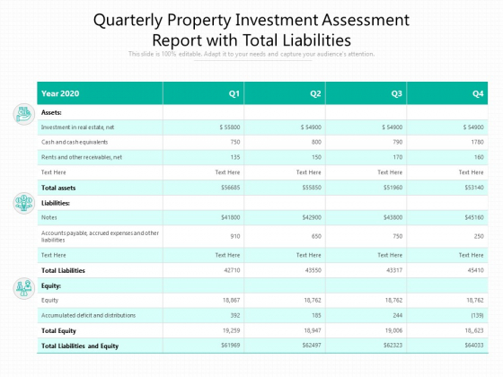 Quarterly Property Investment Assessment Report With Total Liabilities Ppt PowerPoint Presentation Styles Visual Aids PDF