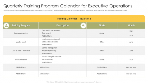 Quarterly Training Program Calendar For Executive Operations Inspiration PDF