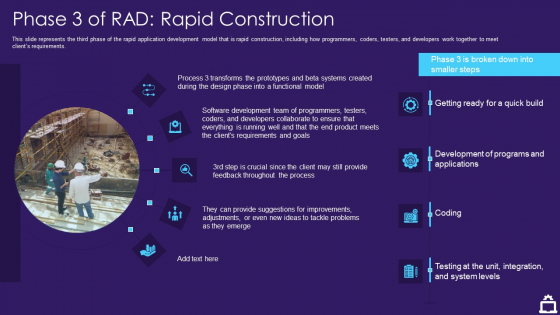 RAD Approach IT Phase 3 Of RAD Rapid Construction Ppt Visual Aids Icon PDF