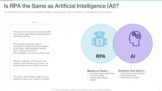 RPA IT Is RPA The Same As Artificial Intelligence AI Ppt Model Ideas PDF RPA IT Is RPA The Same As Artificial Intelligence AI Ppt Model Ideas PDF