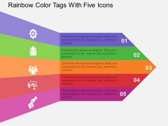Rainbow Color Tags With Five Icons Powerpoint Template