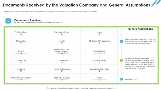 Real Estate Valuation Approaches For Property Shareholders Documents Received By The Valuation Company And General Assumptions Guidelines PDF Real Estate Valuation Approaches For Property Shareholders Documents Received By The Valuation Company And General Assumptions Guidelines PDF