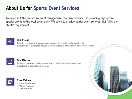 Recreational Program Proposal About Us For Sports Event Services Ppt Icon File Formats PDF