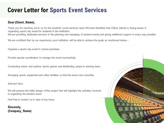 Recreational Program Proposal Cover Letter For Sports Event Services Ppt Infographics Slides PDF