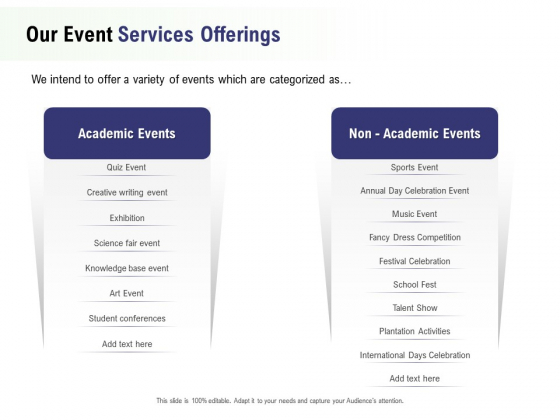 Recreational Program Proposal Our Event Services Offerings Ppt Styles Visual Aids PDF Recreational Program Proposal Our Event Services Offerings Ppt Styles Visual Aids PDF