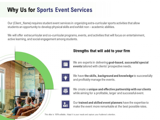 Recreational Program Proposal Why Us For Sports Event Services Ppt Model Information PDF Recreational Program Proposal Why Us For Sports Event Services Ppt Model Information PDF