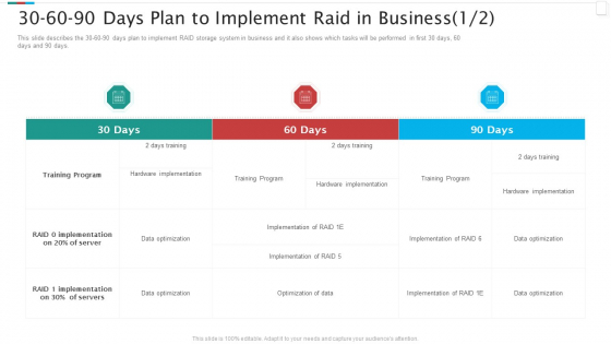 Redundant Array Of Independent Disks Storage IT 30 60 90 Days Plan To Implement RAID In Business Data Slides PDF Redundant Array Of Independent Disks Storage IT 30 60 90 Days Plan To Implement RAID In Business Data Slides PDF