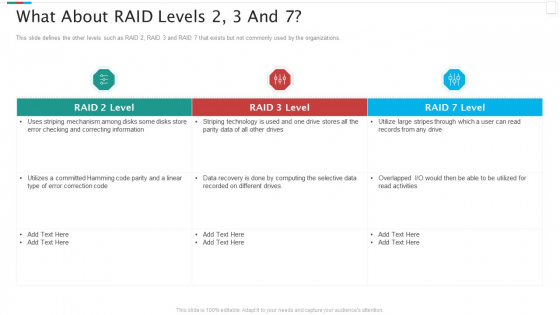 Redundant Array Of Independent Disks Storage IT What About RAID Levels 2 3 And 7 Icons PDF Slide 1