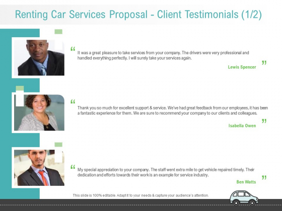 Renting Car Services Proposal Client Testimonials Communication Summary PDF