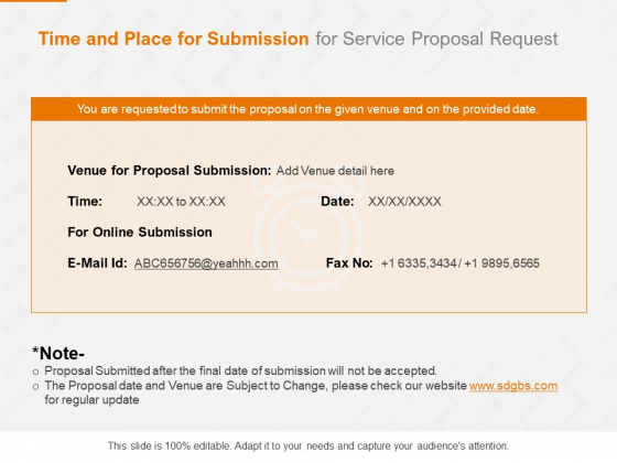 Request Corporate Work Time And Place For Submission For Service Proposal Ppt Model Deck PDF Request Corporate Work Time And Place For Submission For Service Proposal Ppt Model Deck PDF