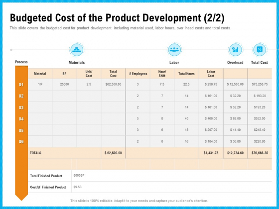 Requirement Gathering Techniques Budgeted Cost Of The Product Development Materials Structure PDF