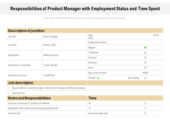 Responsibilities Of Product Manager With Employment Status And Time Spent Ppt PowerPoint Presentation Show Inspiration PDF Responsibilities Of Product Manager With Employment Status And Time Spent Ppt PowerPoint Presentation Show Inspiration PDF