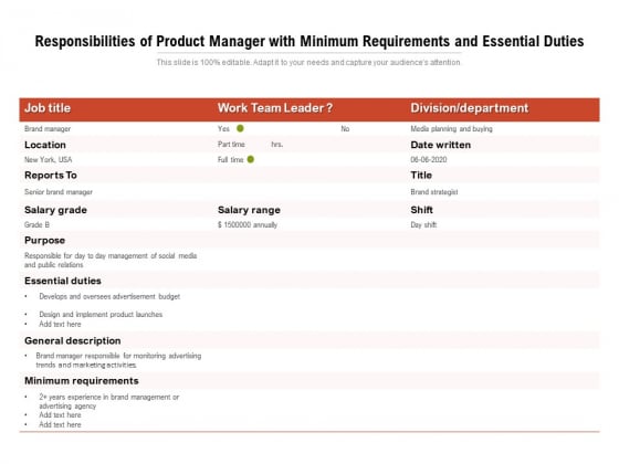 Responsibilities Of Product Manager With Minimum Requirements And Essential Duties Ppt PowerPoint Presentation Inspiration Guidelines PDF Responsibilities Of Product Manager With Minimum Requirements And Essential Duties Ppt PowerPoint Presentation Inspiration Guidelines PDF