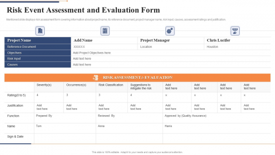 Risk Event Assessment And Evaluation Form Ppt Infographic Template Background Images PDF Risk Event Assessment And Evaluation Form Ppt Infographic Template Background Images PDF