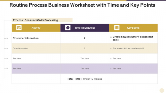 Routine Process Business Worksheet With Time And Key Points Infographics PDF