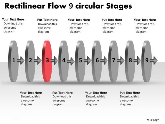 Rectilinear Flow 9 Circular Stages Draw Charts PowerPoint Templates