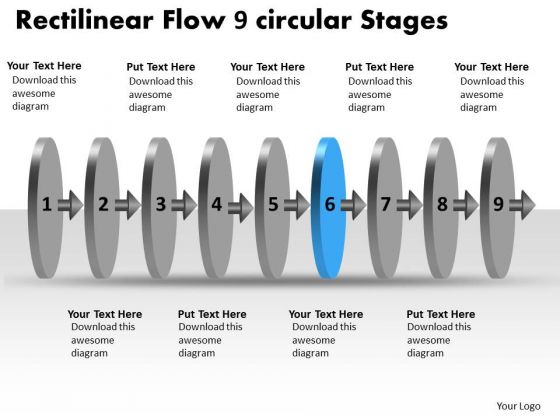 Rectilinear Flow 9 Circular Stages Flowchart PowerPoint Templates