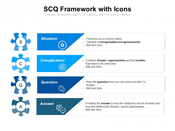 SCQ Framework With Icons Ppt PowerPoint Presentation Gallery Icon PDF
