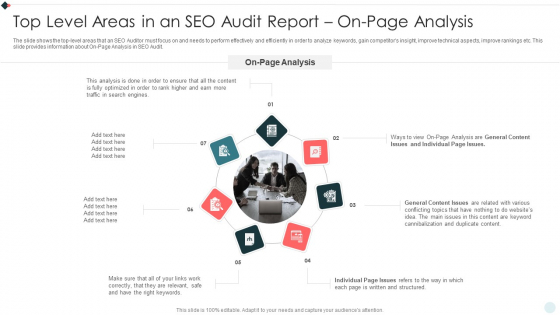 SEO Audit Summary To Increase Top Level Areas In An SEO Audit Report On Page Analysis Diagrams PDF