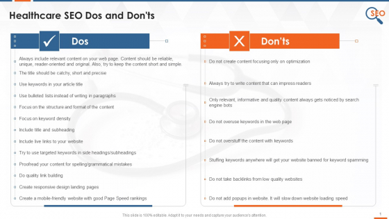 SEO Dos And Donts For Healthcare Firms Training Ppt