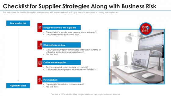 SRM Strategy Checklist For Supplier Strategies Along With Business Risk Infographics PDF