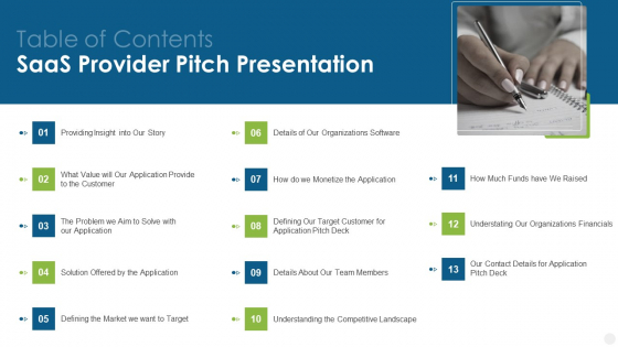 Saas Provider Table Of Contents Saas Provider Pitch Presentation Ppt Visual Aids Slides PDF Saas Provider Table Of Contents Saas Provider Pitch Presentation Ppt Visual Aids Slides PDF