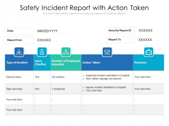 Safety Incident Report With Action Taken Ppt PowerPoint Presentation Show Design Inspiration PDF
